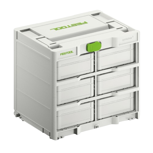Compact white and gray Festool SYS3-RACK modular storage unit with multiple drawers for tool and accessory organization