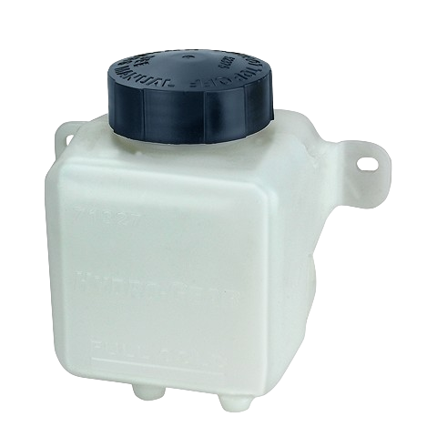 White plastic hydrostatic reservoir tank with black screw cap for fluid storage in equipment maintenance tasks