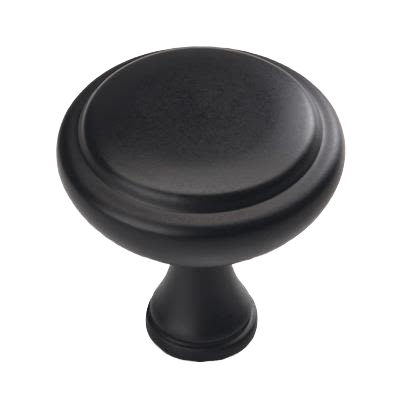 Matte black cabinet knob with rounded top and pedestal base for hardware and furniture accessories collections