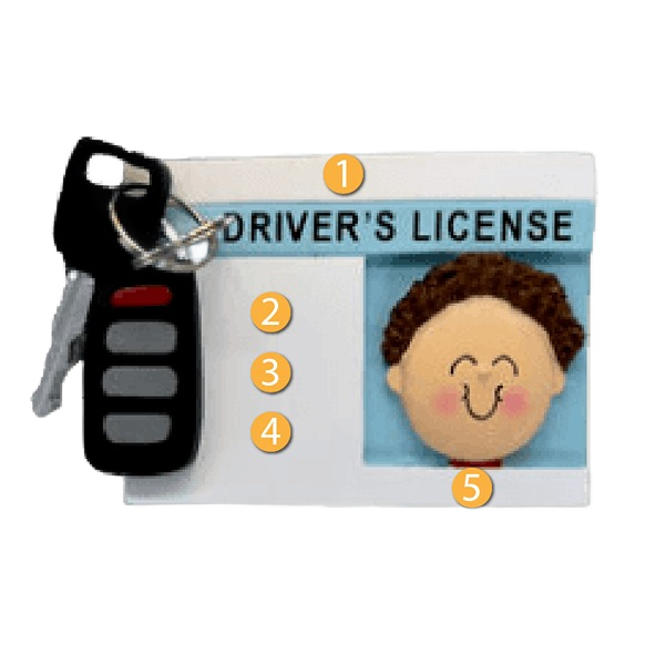 Personalized male driver’s license ornament with brown hair and key fob for Christmas tree decoration under $50 collection