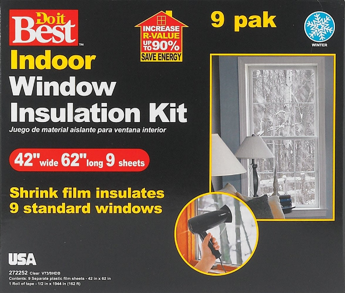Packaging for indoor window insulation kit showing energy-saving shrink film for home improvement use in Hardware collection
