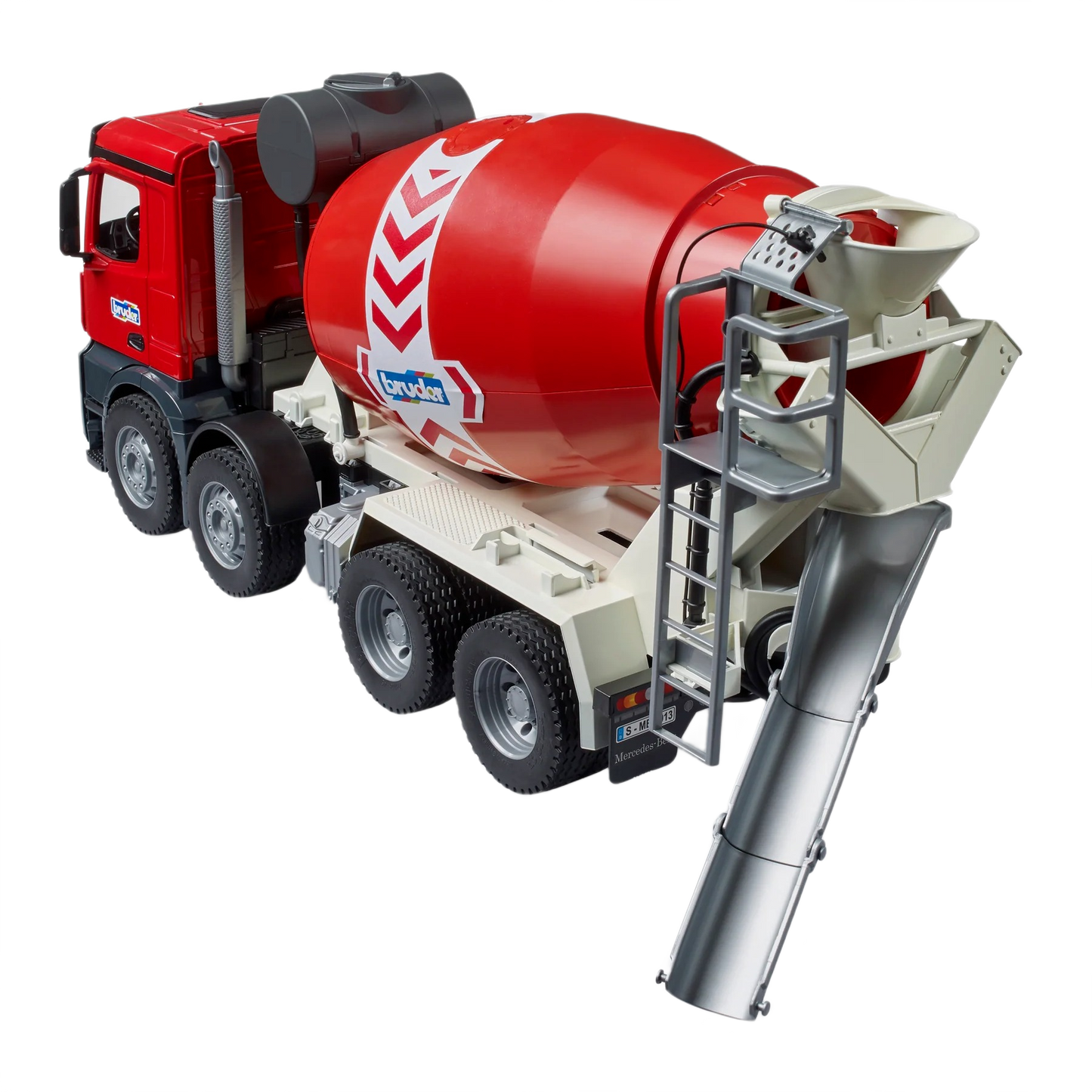 Red and beige toy cement mixer truck with rotating drum and detailed ladder for construction play and tools enthusiasts
