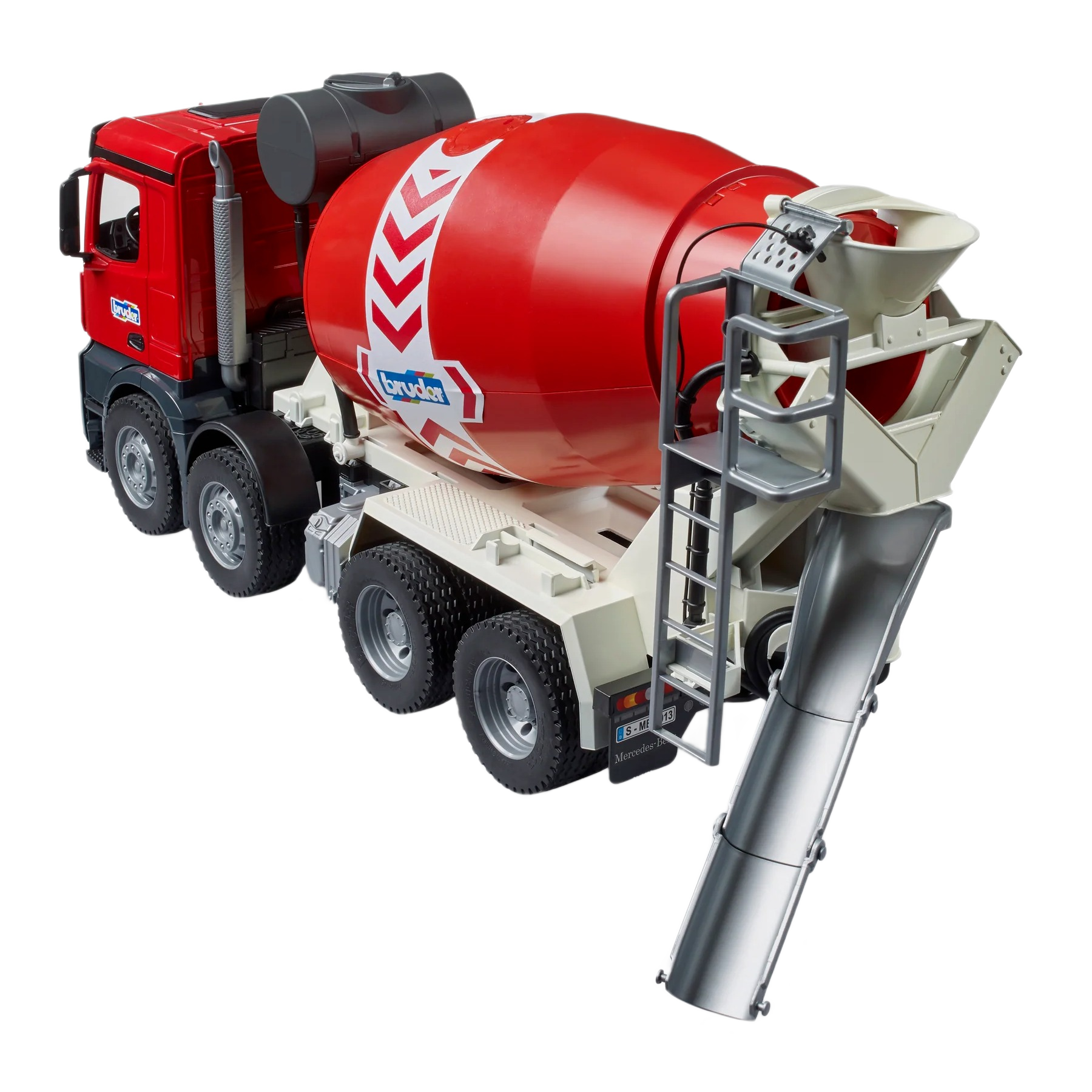 Red and beige toy cement mixer truck with rotating drum and detailed ladder for construction play and tools enthusiasts