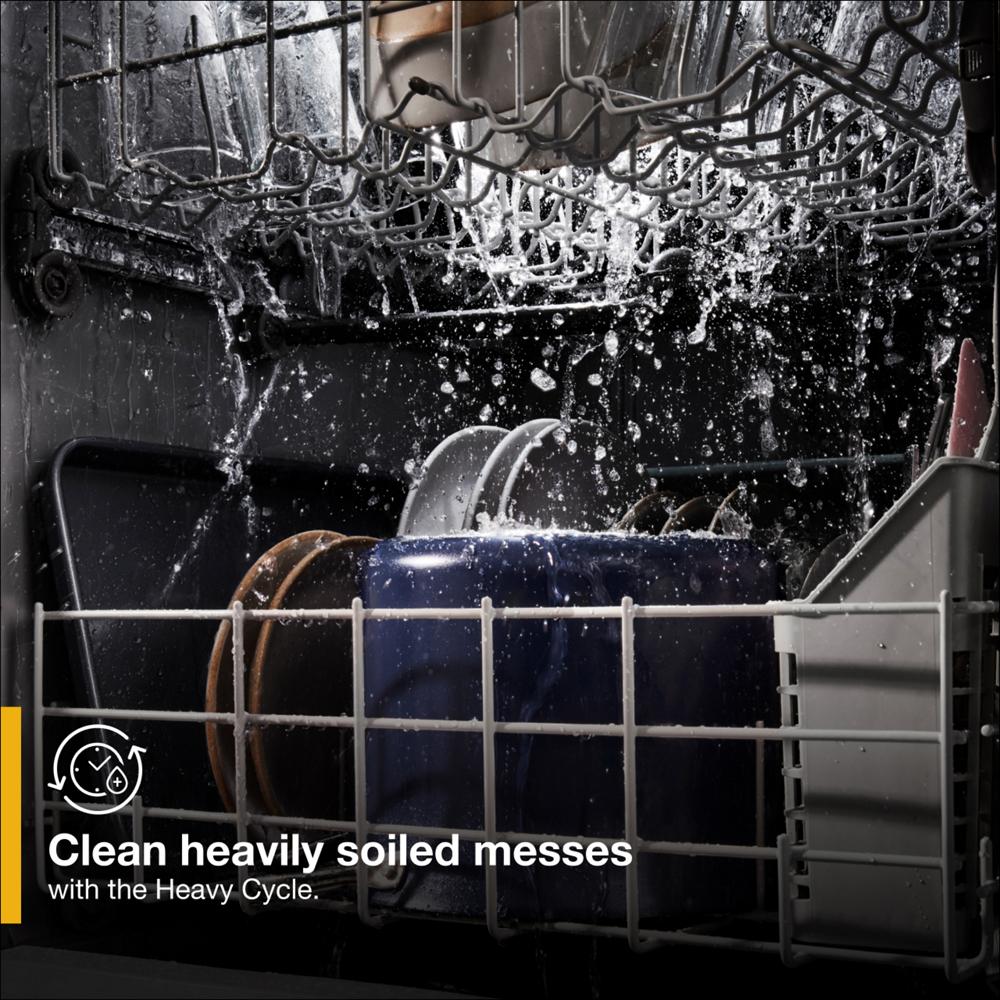 water spraying inside a built-in dishwasher cleaning heavily soiled kitchenware during heavy cycle