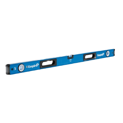 Blue metal carpenter’s level with three bubble vials for precise measurements in woodworking and hand tools collections