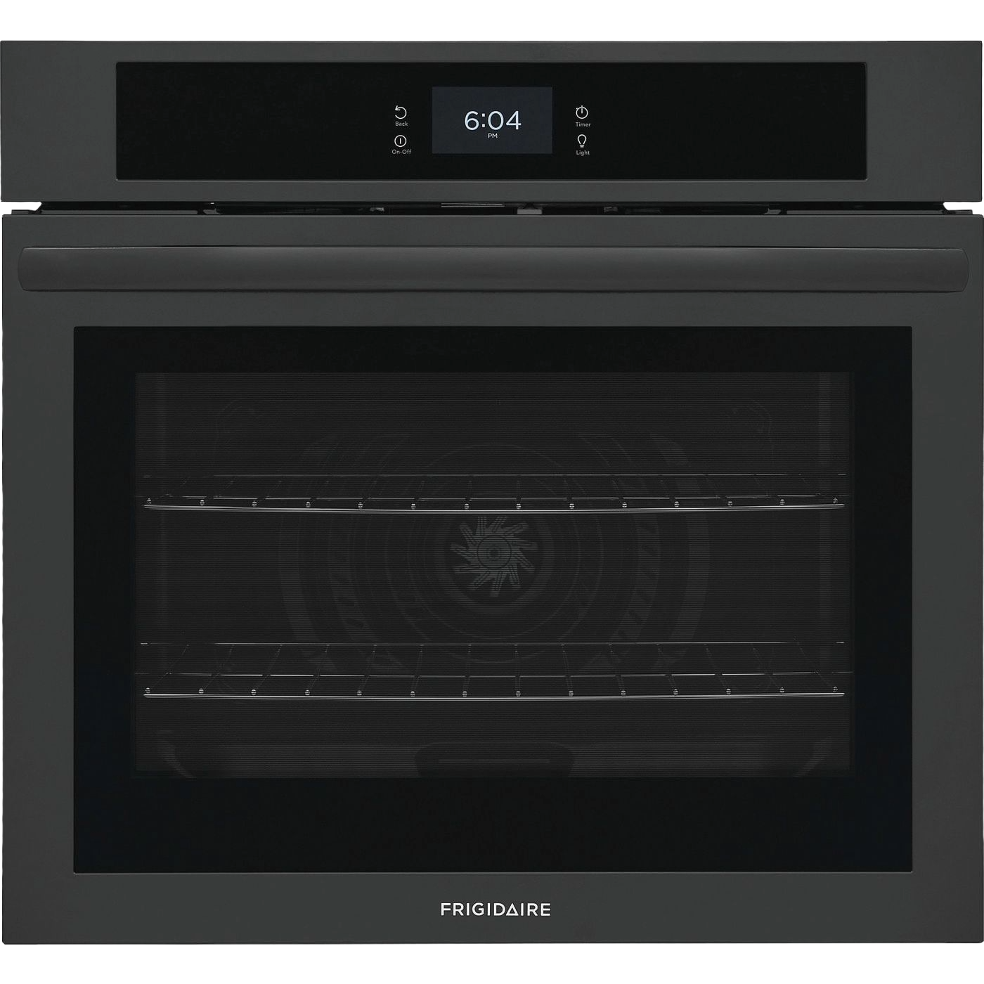 Front view of black single electric wall oven with fan convection and digital control panel in kitchen appliances collection