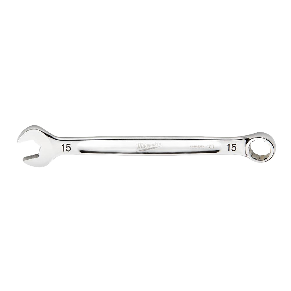 Polished 15-mm metric combination wrench with open and boxed ends for tools and home improvement use