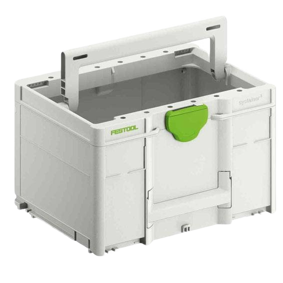Compact gray tool storage box with green latch and handle, designed for organizing woodworking and jobsite tools