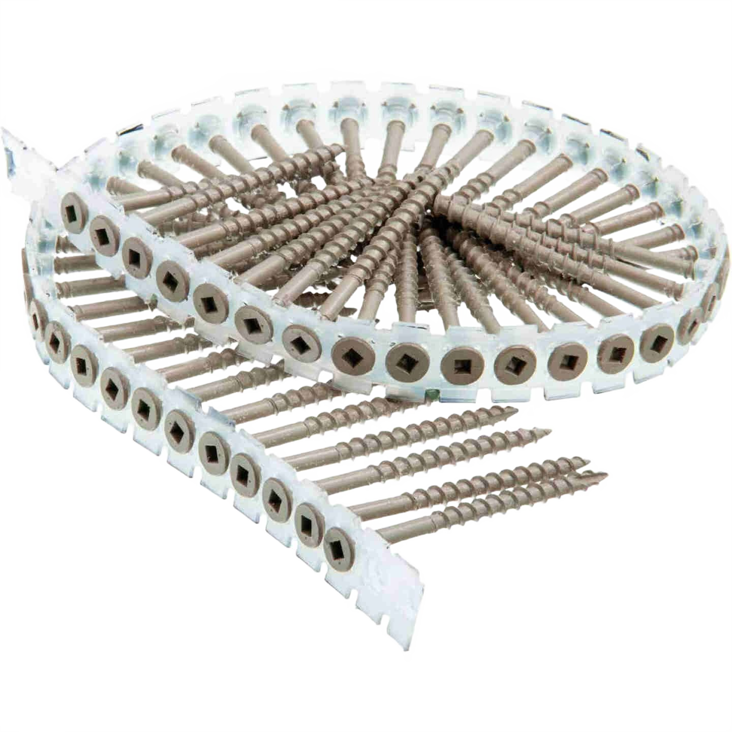 Strip of 3-inch exterior deck screws with square drive heads for fasteners in hardware and home improvement collections