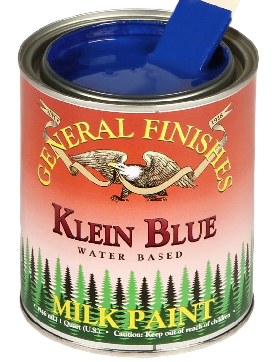 Quart container of Klein Blue water based milk paint from General Finishes for specialty paint and home improvement collections