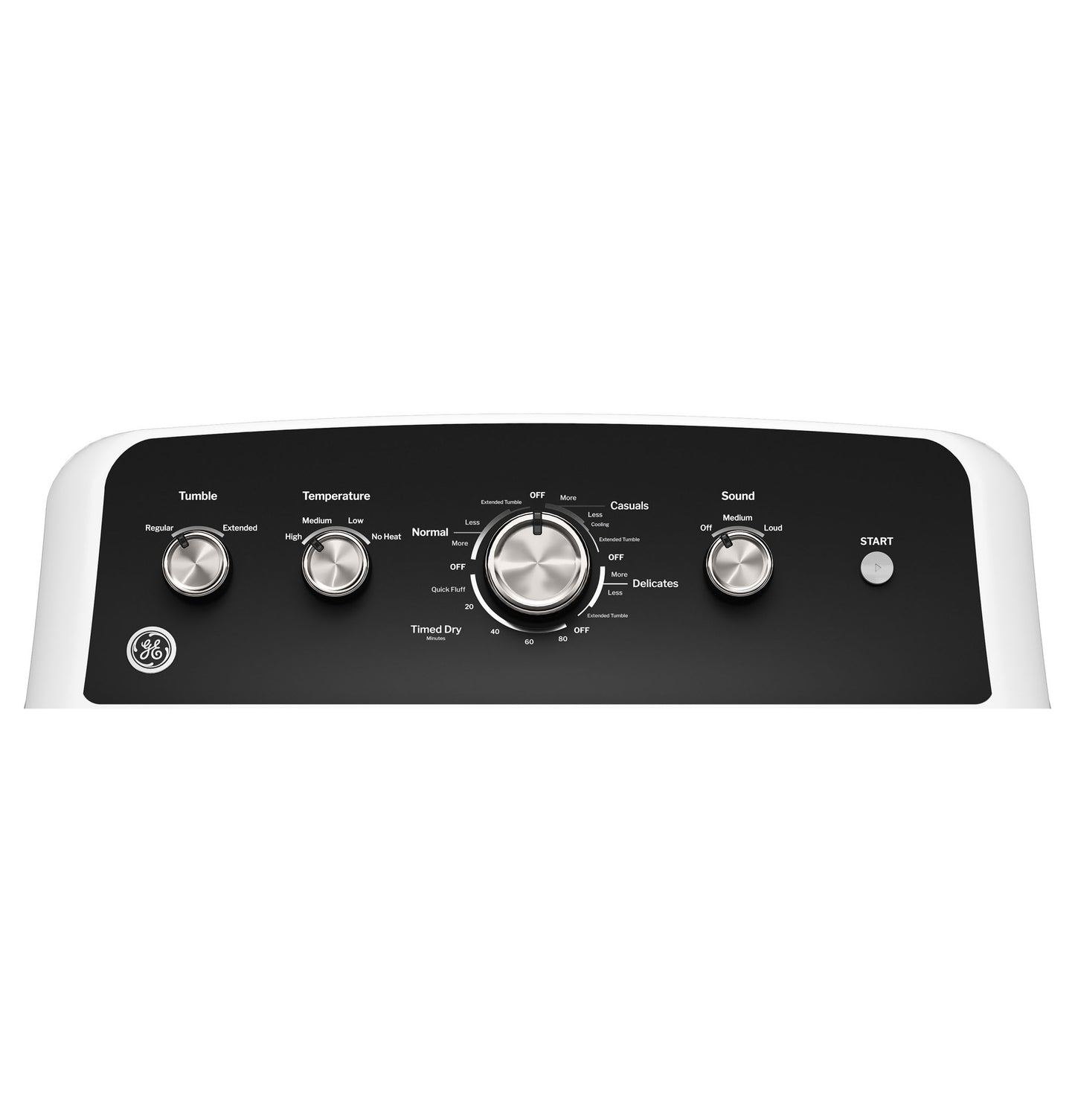 Black control panel with five silver knobs and one button for settings on gas dryer from Dryers and Appliances collections