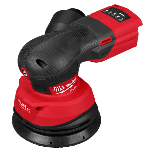 Red and black cordless random orbital sander with ergonomic textured grip for tools and home improvement use