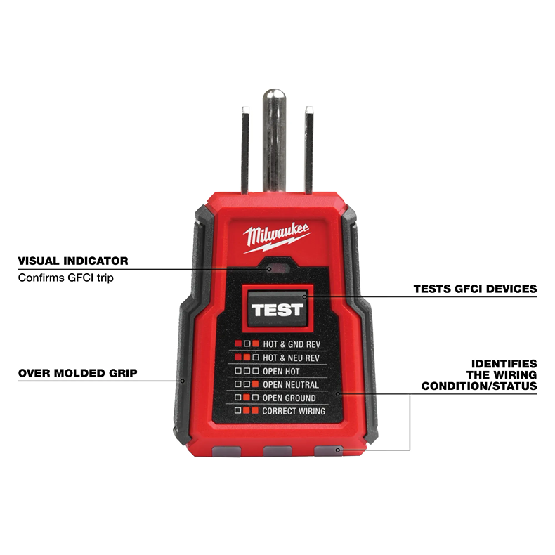 Red and black Milwaukee GFCI tester with test button and indicator lights for wiring status in home improvement tasks