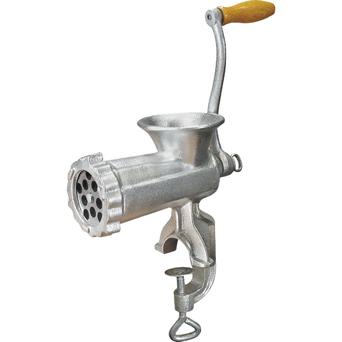 Manual heavy-duty meat grinder with tinned finish and wooden handle for kitchen and food preparation appliances collections