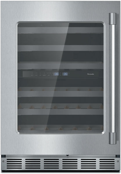 Under-counter wine cooler with stainless steel frame, glass door, adjustable wooden racks, and digital temperature display