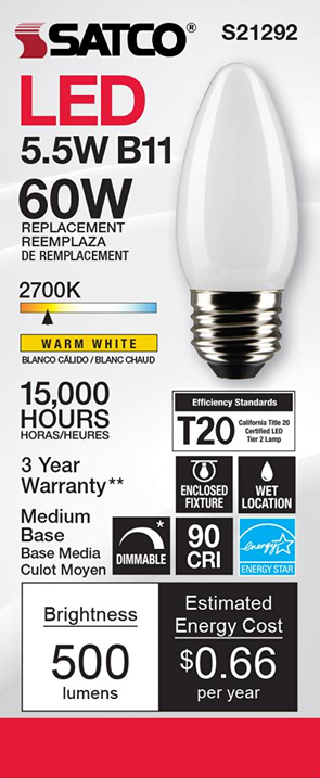 Satco 5.5 watt B11 LED light bulb with frosted finish, warm white 2700K, dimmable medium base for home lighting and electrical use