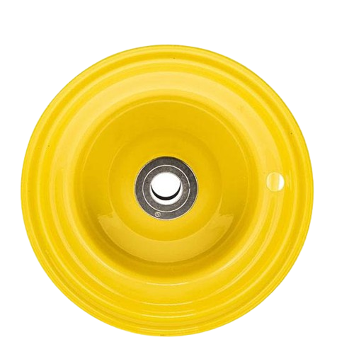 Bright yellow durable metal rim with central bearing designed for equipment maintenance and home improvement tasks