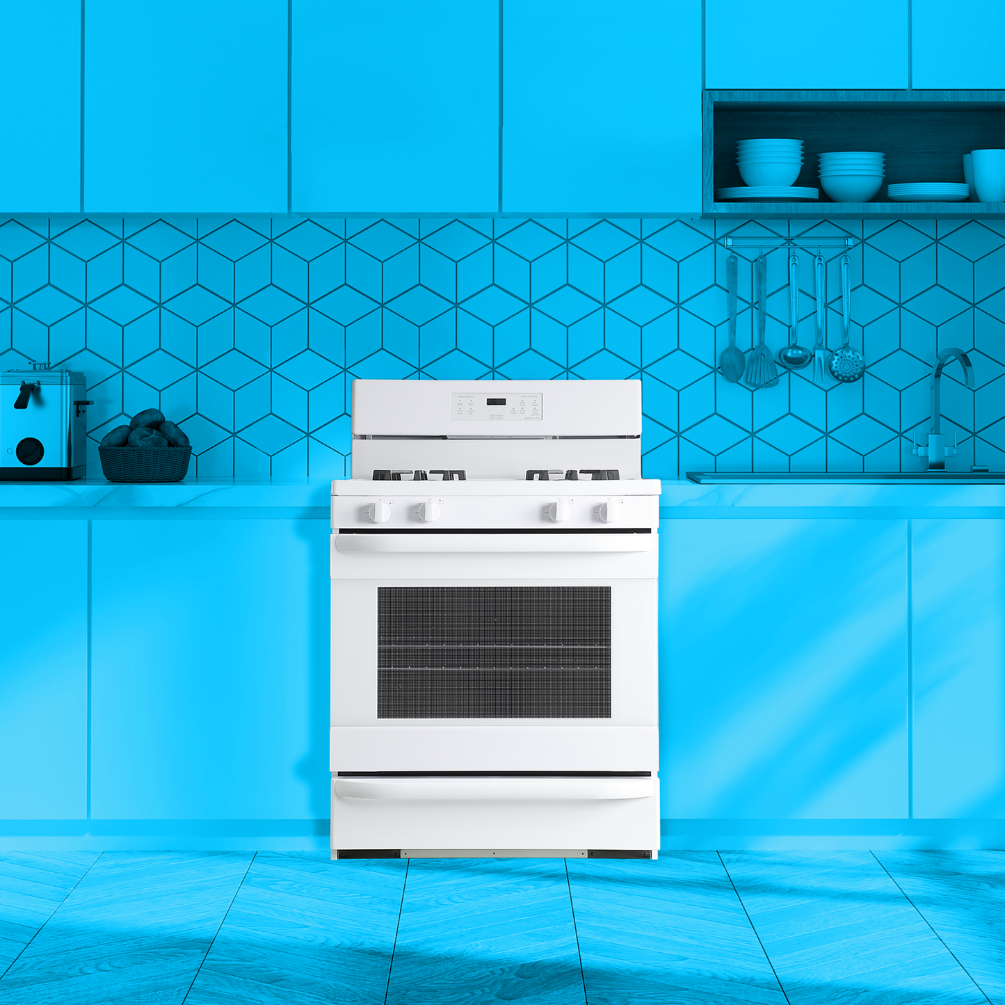 white gas range with four burners, digital display, and large oven window in modern kitchen setting