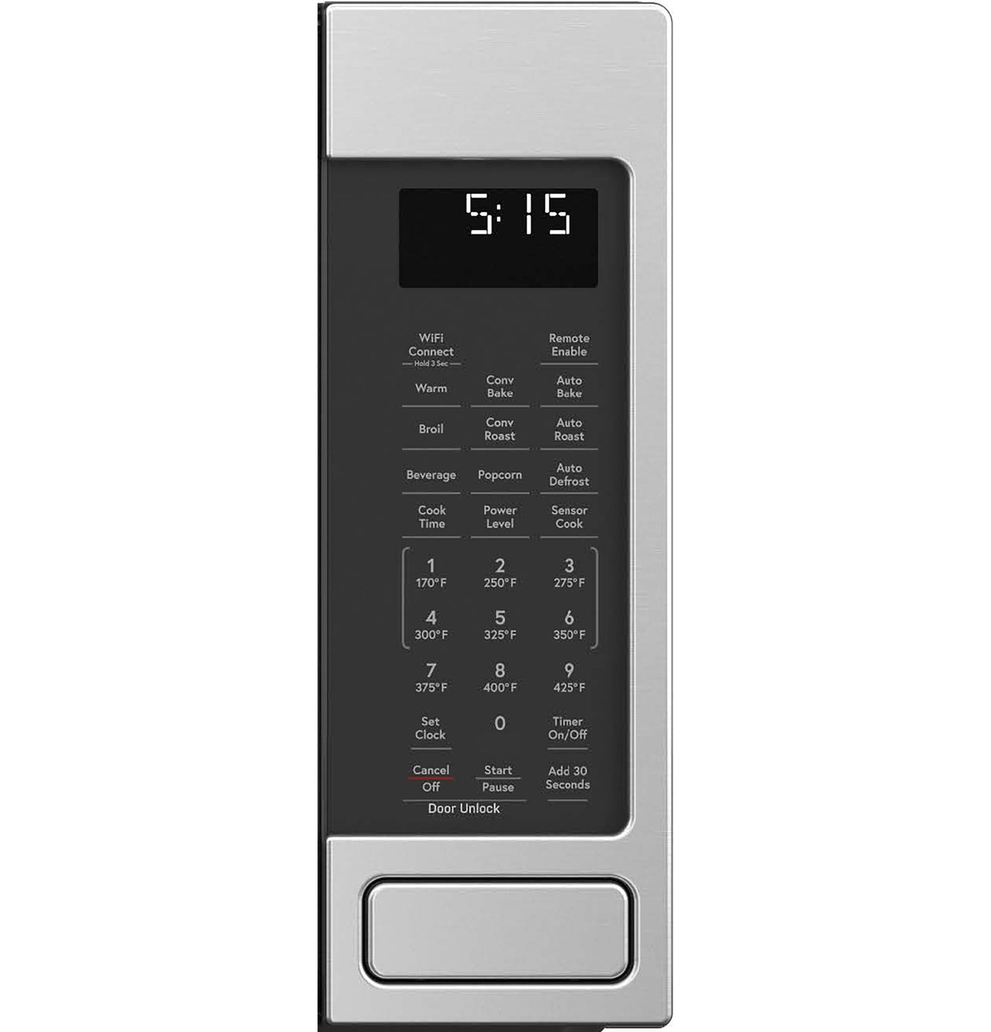 Control panel of stainless steel smart countertop microwave with digital display and multiple cooking options in Microwaves collection
