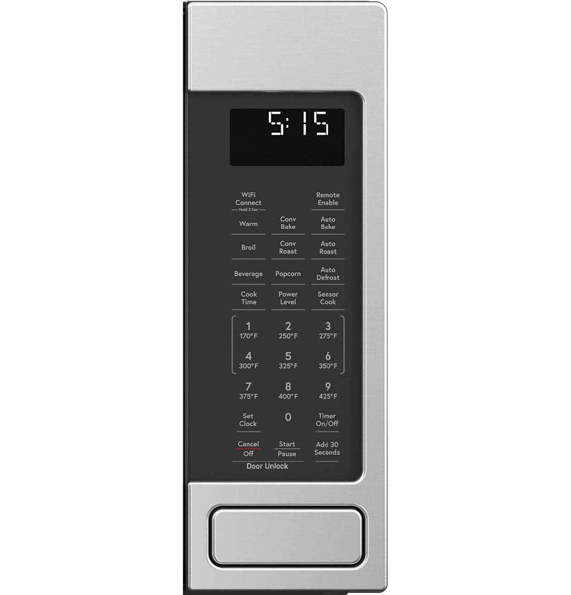 Control panel of stainless steel smart countertop microwave with digital display and multiple cooking options in Microwaves collection
