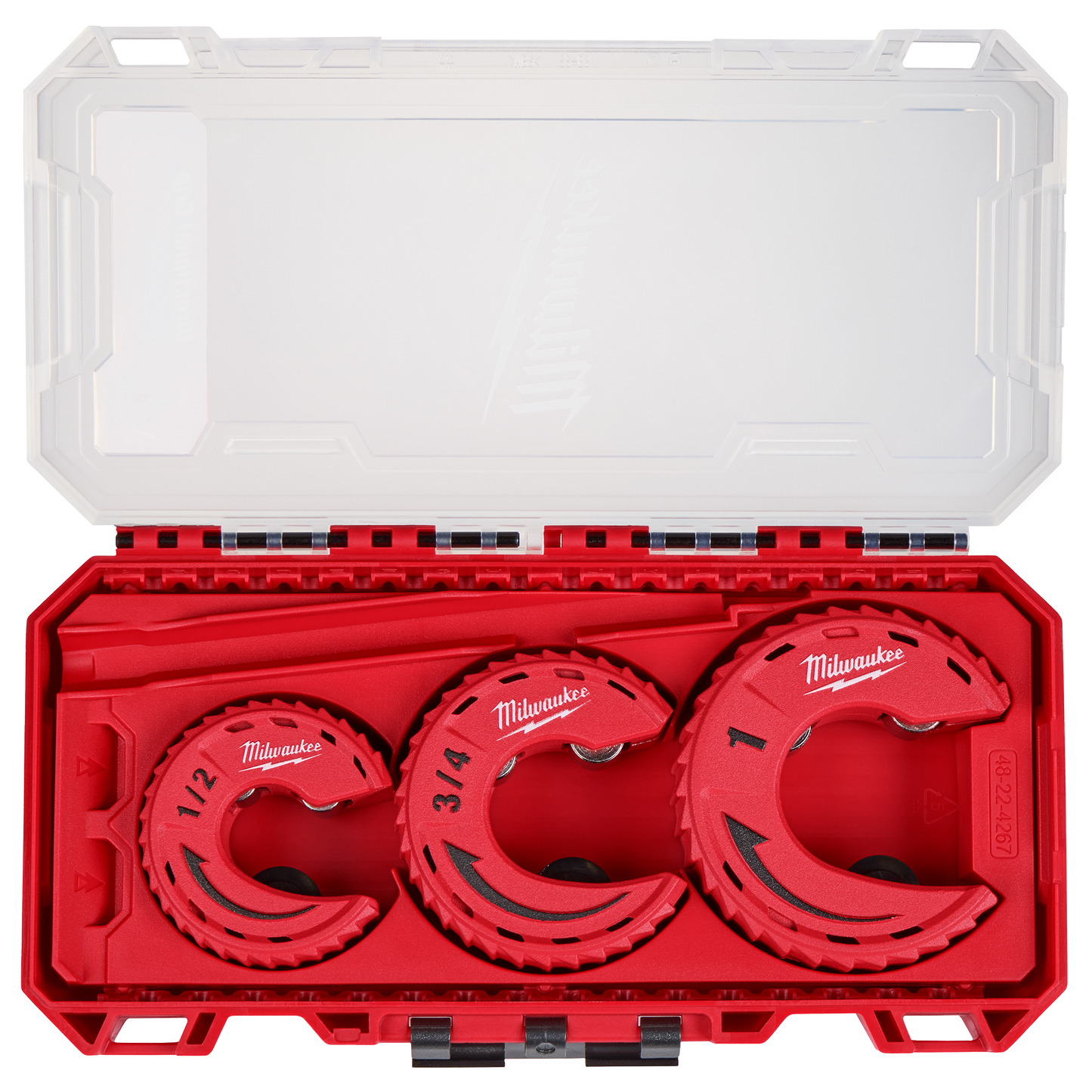 Set of three red tubing cutters with size markings in a red plastic case for tools and home improvement use