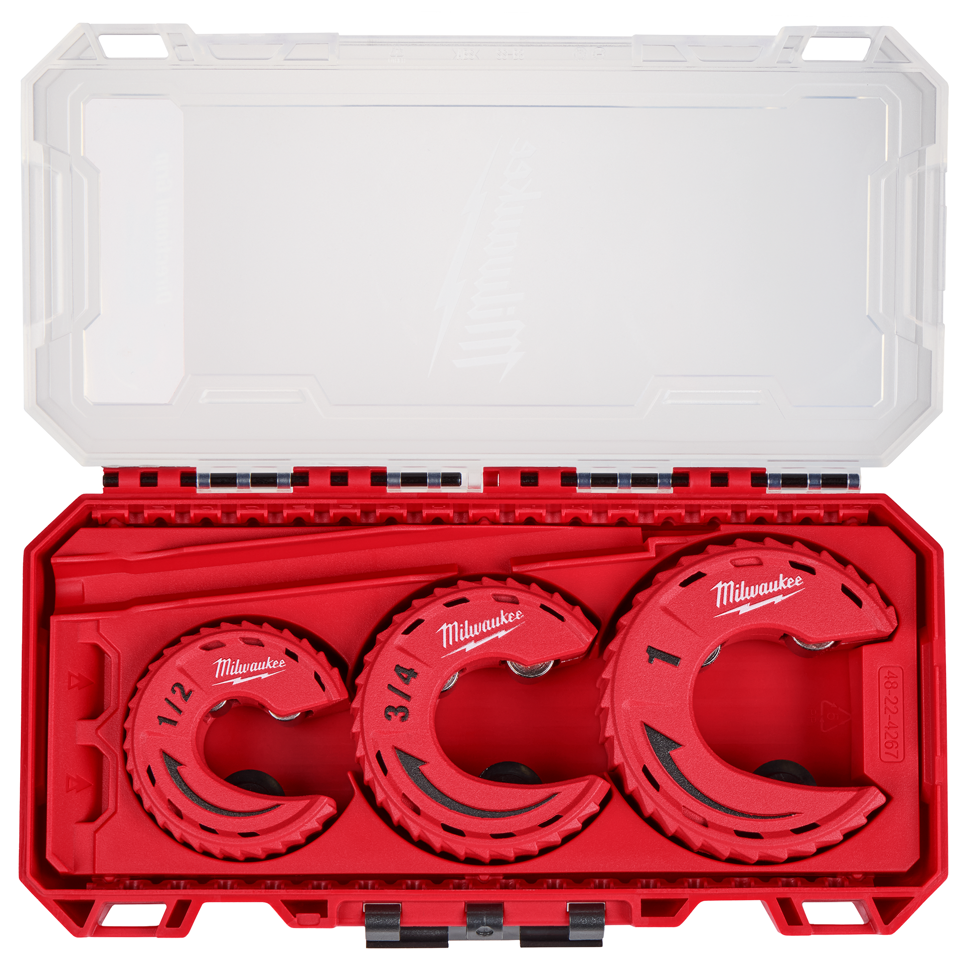 Set of three red tubing cutters with size markings in a red plastic case for tools and home improvement use