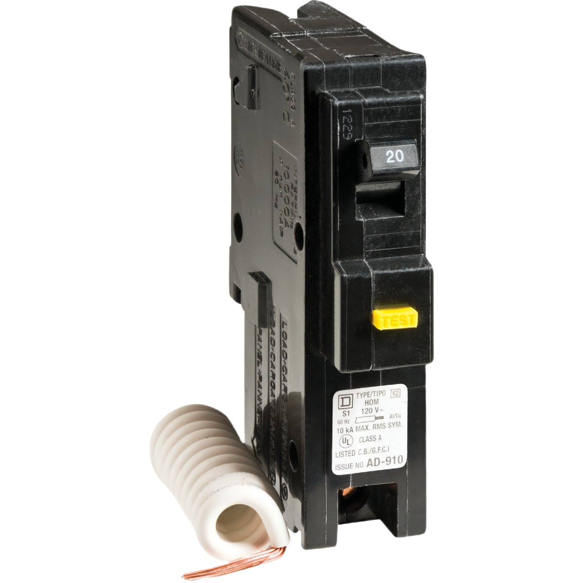 Black single-pole circuit breaker with yellow test button and white coiled neutral wire for home improvement use