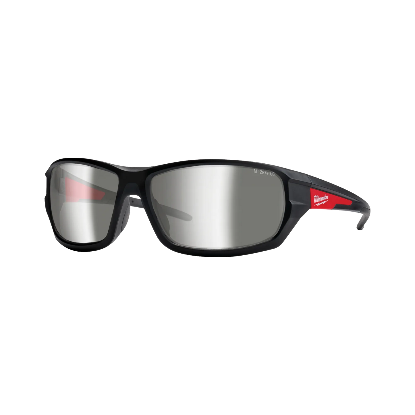 Mirrored safety glasses with black frame and red arms for protective eyewear and safety gear collections under $50