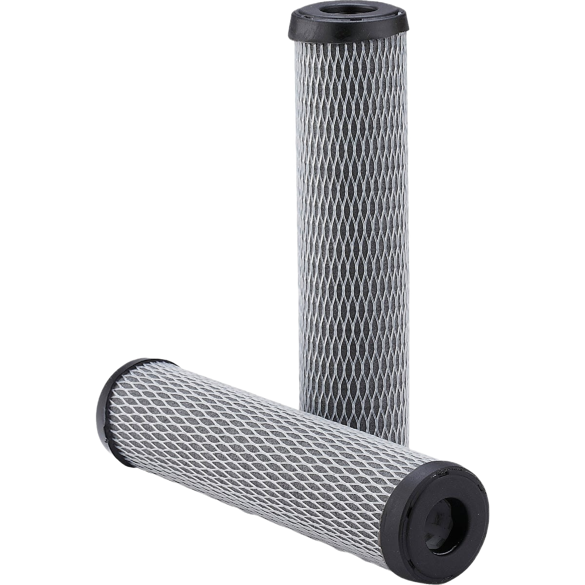 Two gray cylindrical water filter cartridges with mesh exterior and black end caps for home improvement use