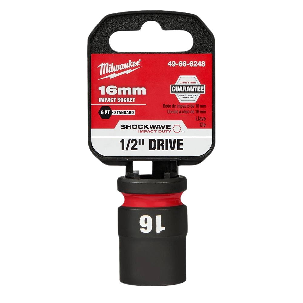 Black and red 16mm impact socket with six-point design for heavy-duty tools and home improvement tasks