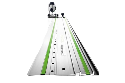 Aluminum guide rail with green trim and precision holes for woodworking tools and Festool accessories collections