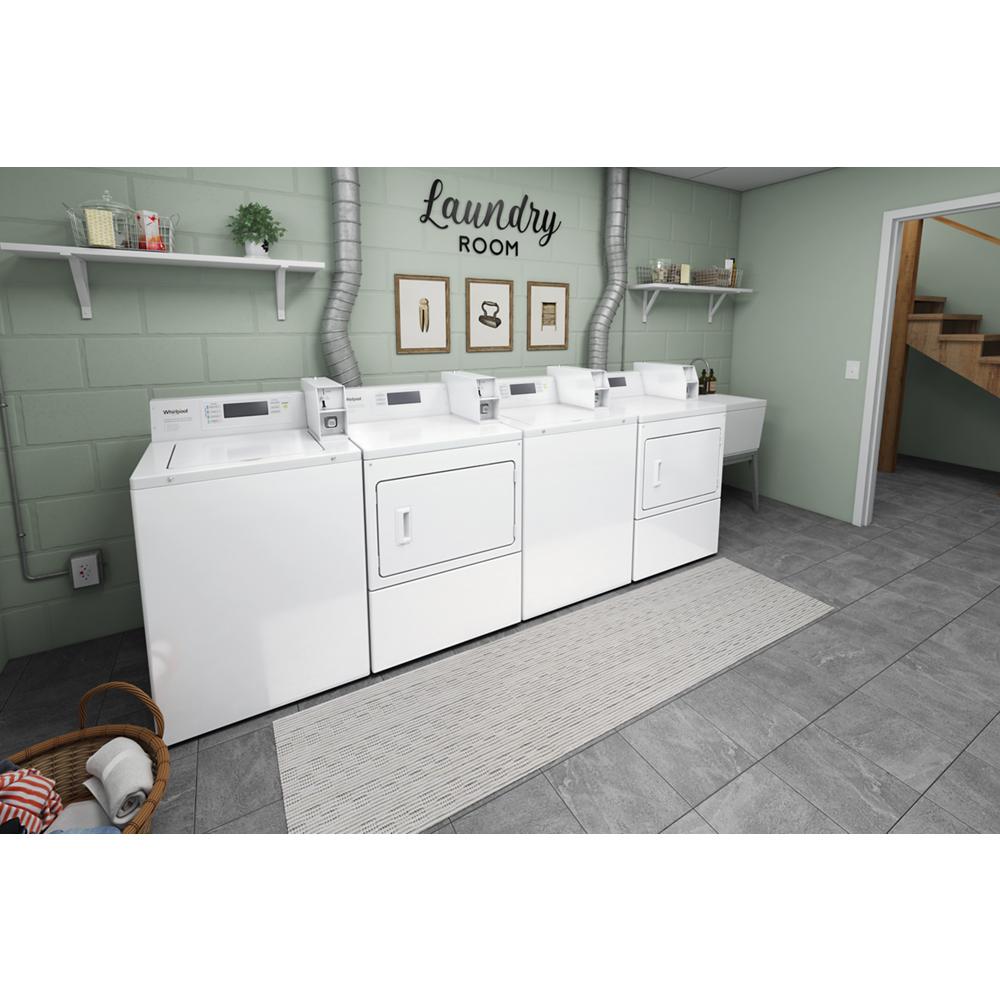 Laundry room with white commercial washers and gas dryer featuring factory installed coin drop and coin box in home appliances collection