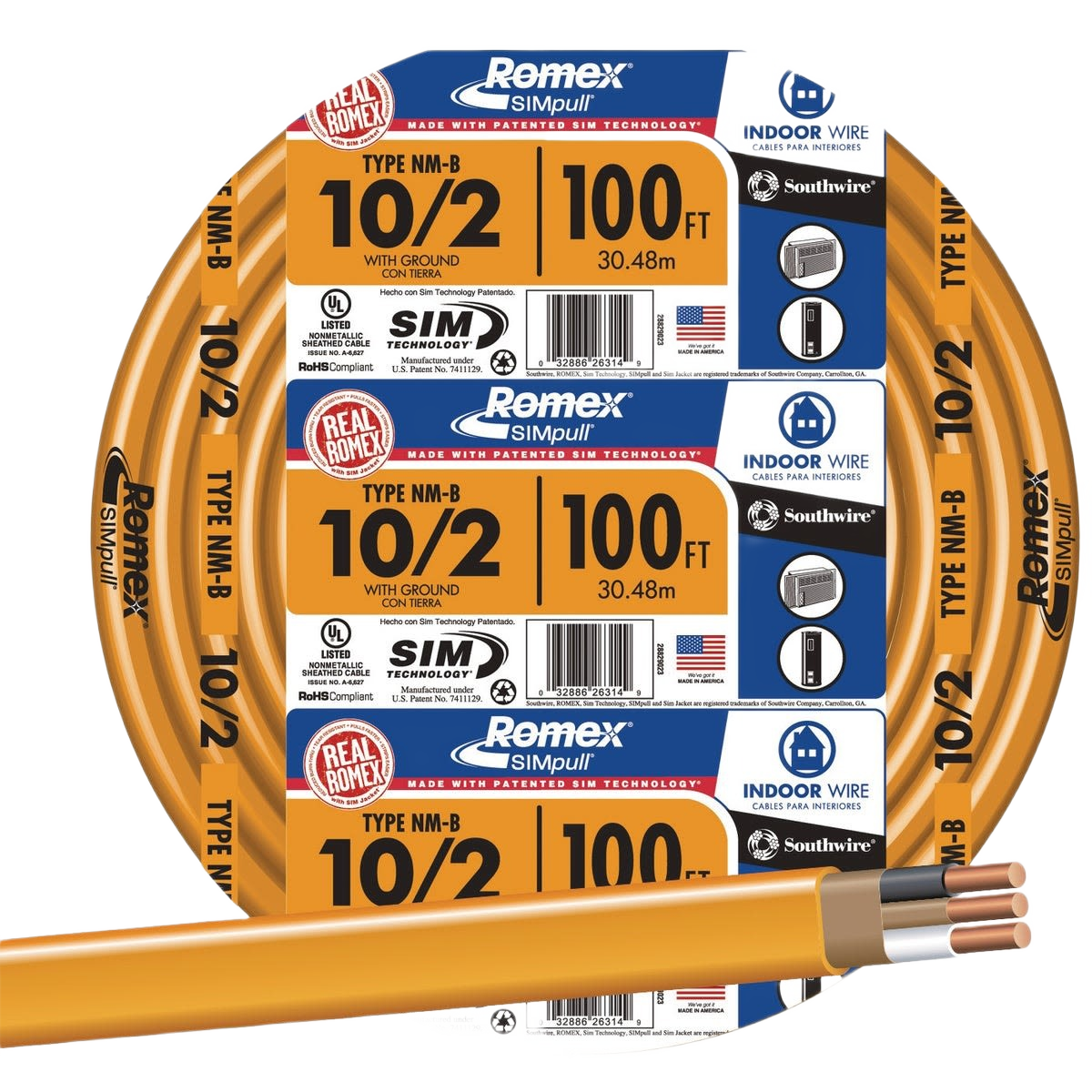 Orange Romex 10-2 type NM-B electrical wire spool with two copper conductors for indoor home improvement projects