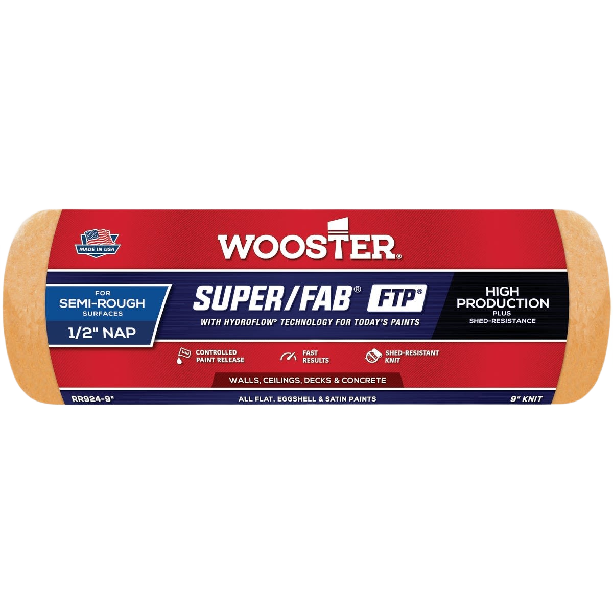 Paint roller cover with 1/2-inch nap for semi-rough surfaces, designed for walls, ceilings, decks, and concrete use