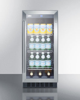Slim built-in beverage center with tinted glass door, stainless steel frame, wire shelves, and digital temperature control from kitchen appliances