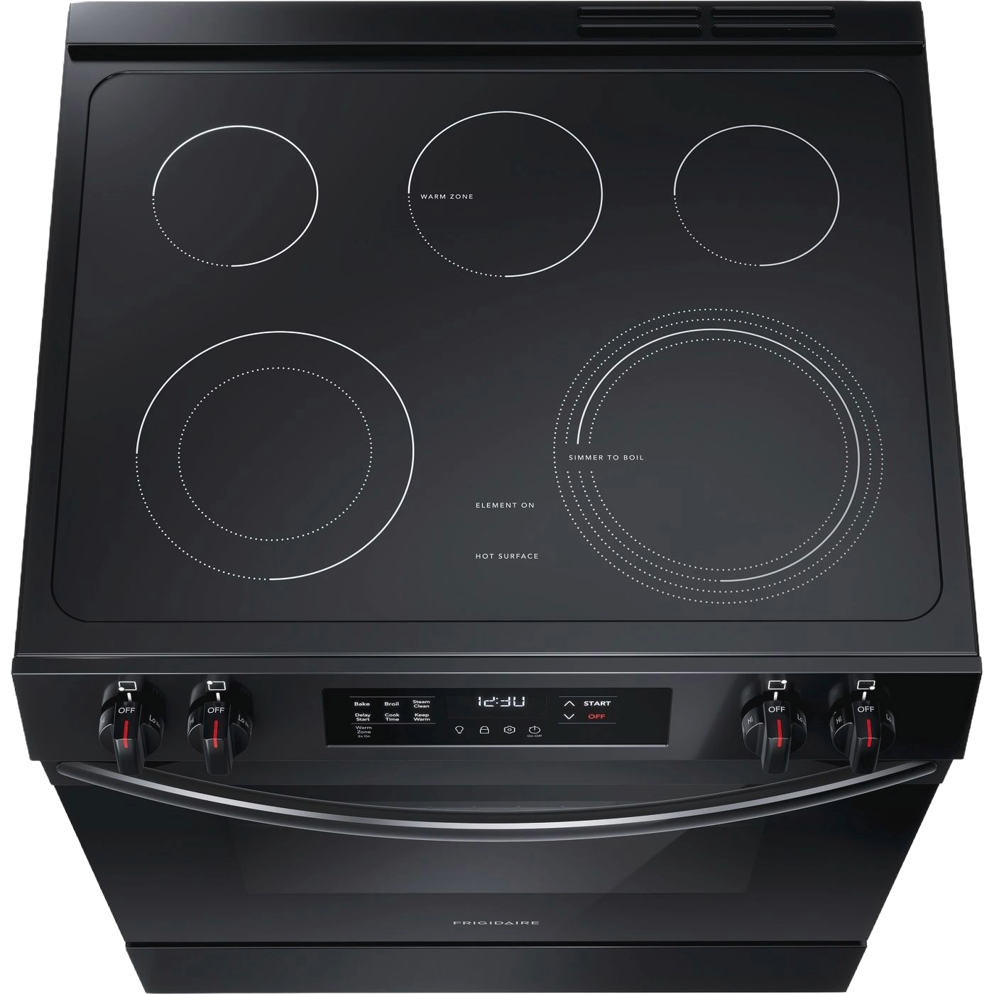 Black front control electric range with smooth cooktop and digital timer in kitchen appliance setting