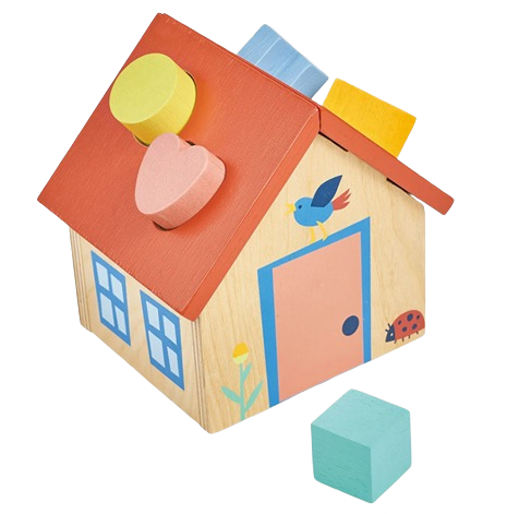 Wooden shape sorter house toy with colorful geometric blocks including circle, heart, cube, and triangle shapes