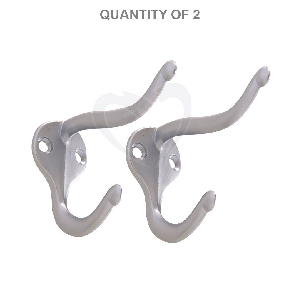 Pair of satin chrome double-prong hooks for coat and hat hanging, ideal for storage and organization under $50