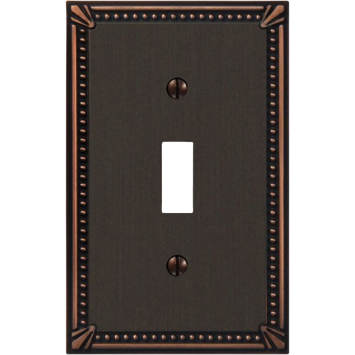 Aged bronze metal toggle switch wall plate with decorative imperial bead border for home improvement projects