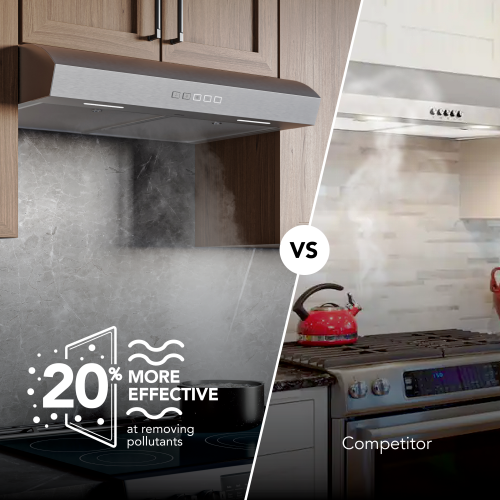 comparison of two under cabinet range hoods showing smoke removal effectiveness in kitchen and appliances collection