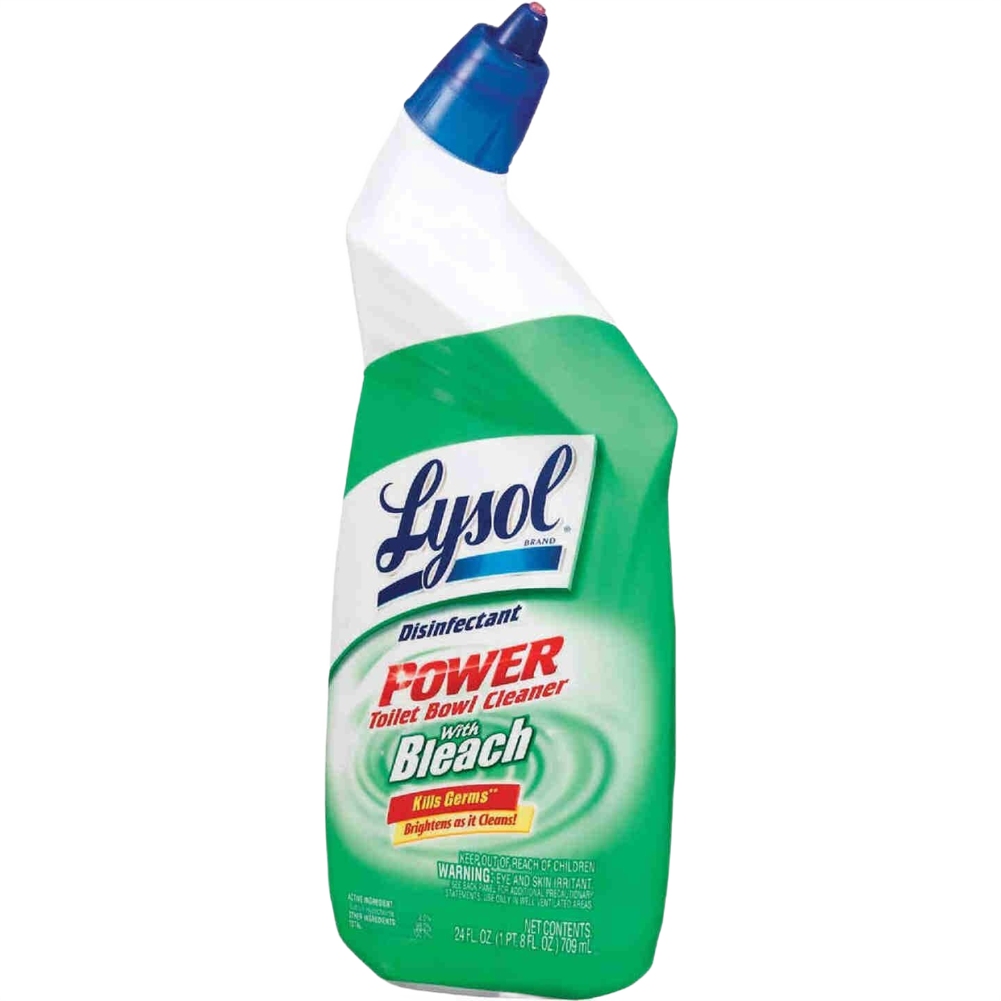 Green and white bottle of Lysol toilet bowl cleaner with angled blue nozzle, part of cleaning supplies and bathroom cleaners collections