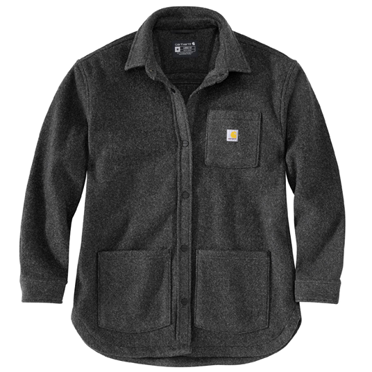Black heather fleece shirt jacket with button front and chest pocket ideal for outdoor and casual wear