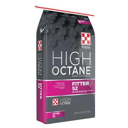40 lb bag of Purina High Octane Fitter 52 supplement with dark gray and purple packaging for equine nutrition