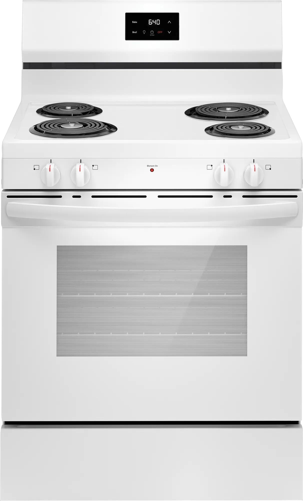White freestanding electric range with four coil burners, digital clock, and control knobs from Ranges & Cooktops collection