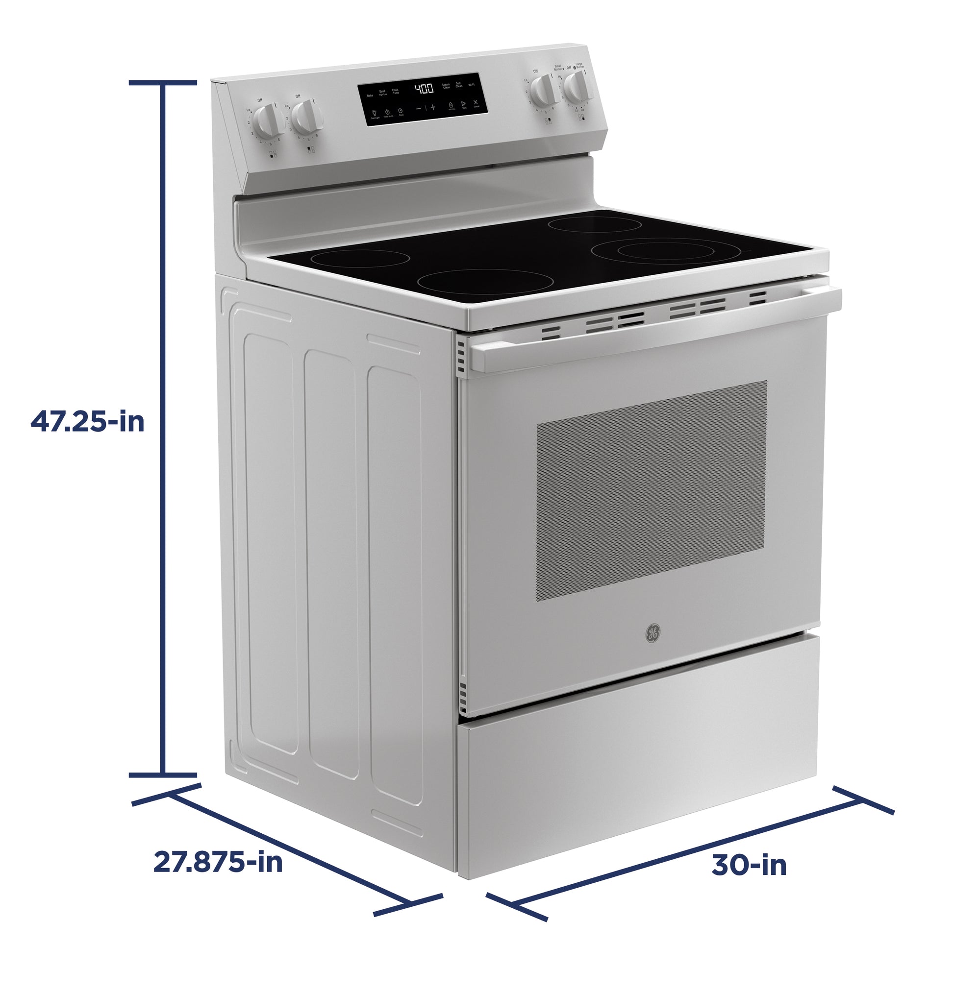 White freestanding electric range with glass cooktop and digital control panel showing temperature and timer