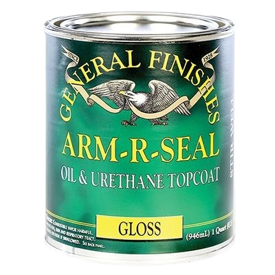Green metal can of General Finishes Arm-R-Seal oil and urethane gloss topcoat in wood finishing and stain supplies collection