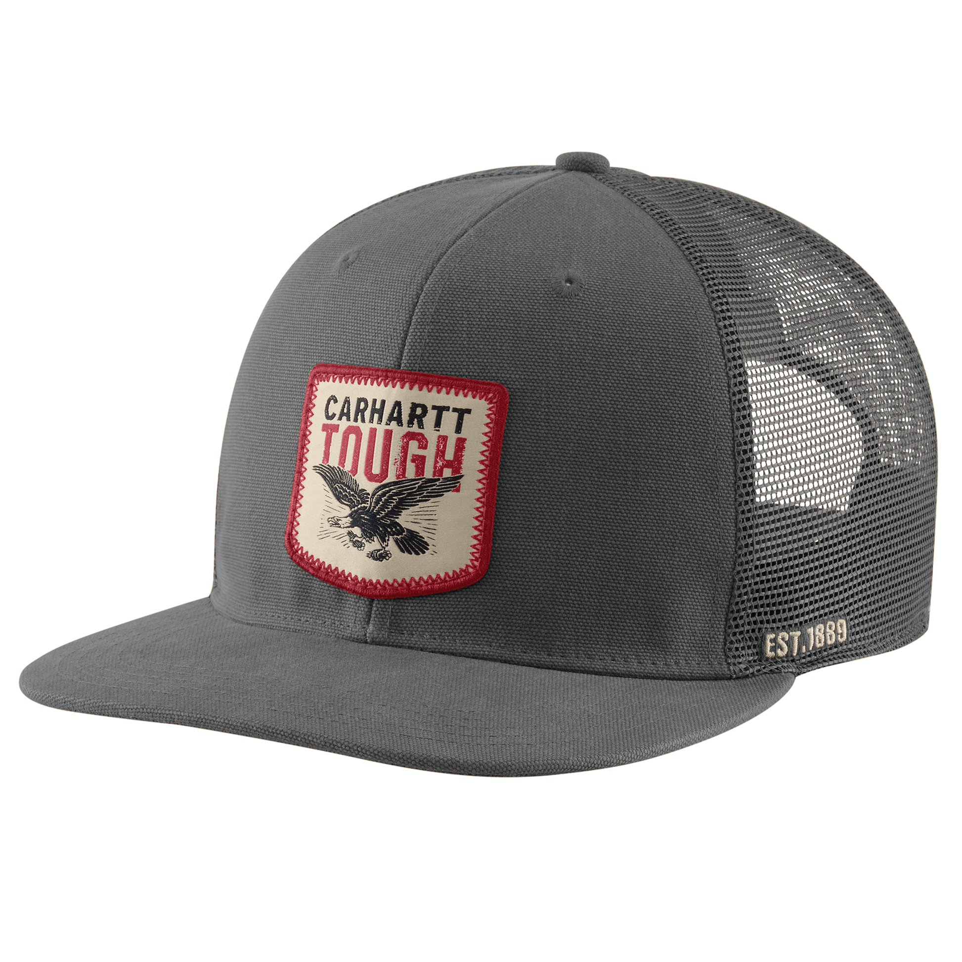 High-profile dark gray cotton duck cap with flat brim and mesh back, featuring an embroidered eagle patch and vintage style lettering, for men's casual wear.