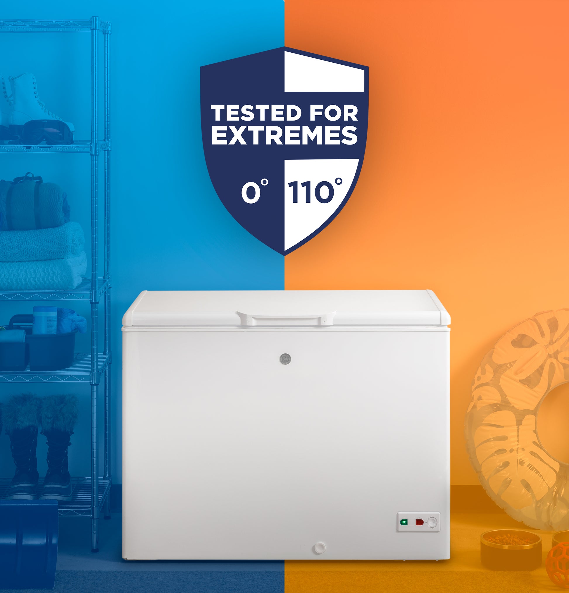 White manual defrost chest freezer shown with extreme temperature testing graphic for freezer collection