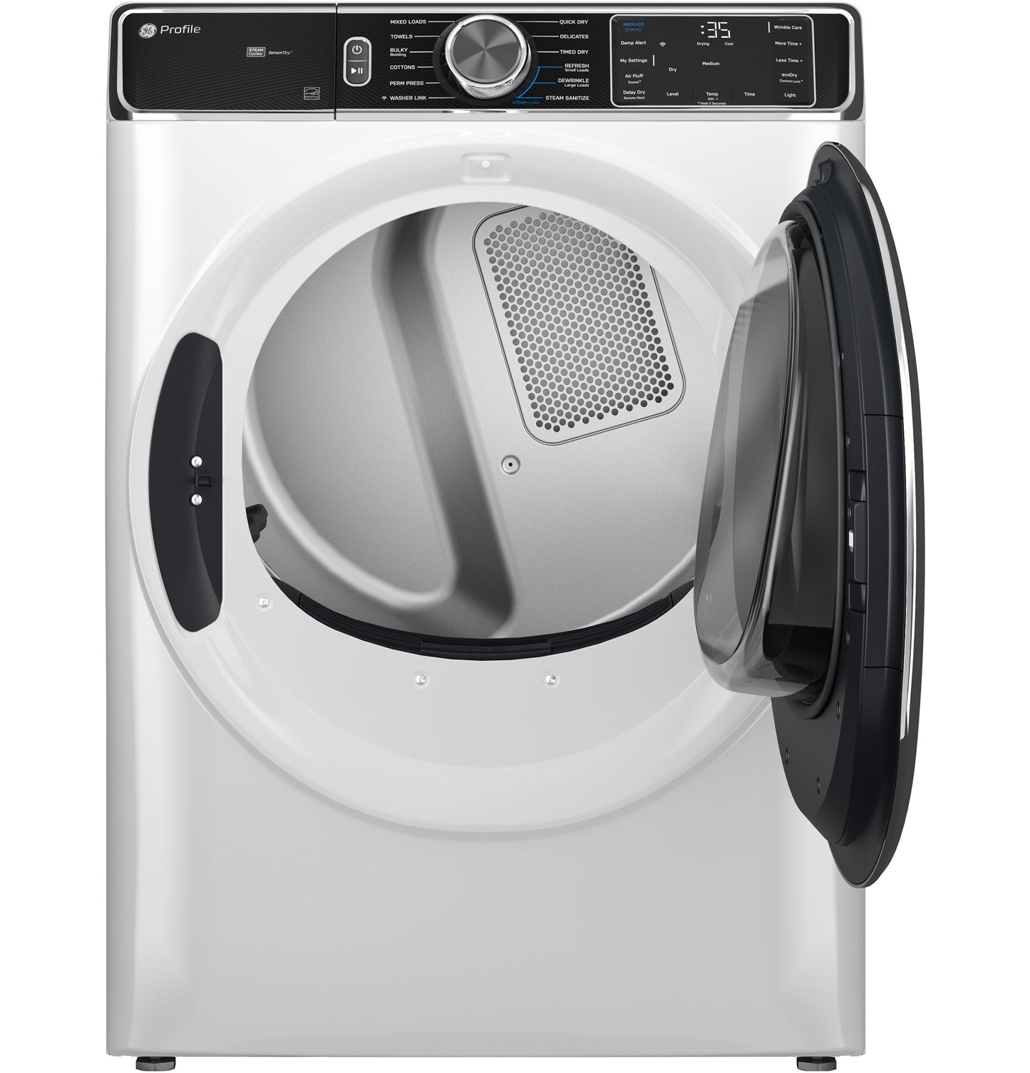 White smart front load electric dryer with open black door and digital control panel from Dryers and Appliances collections