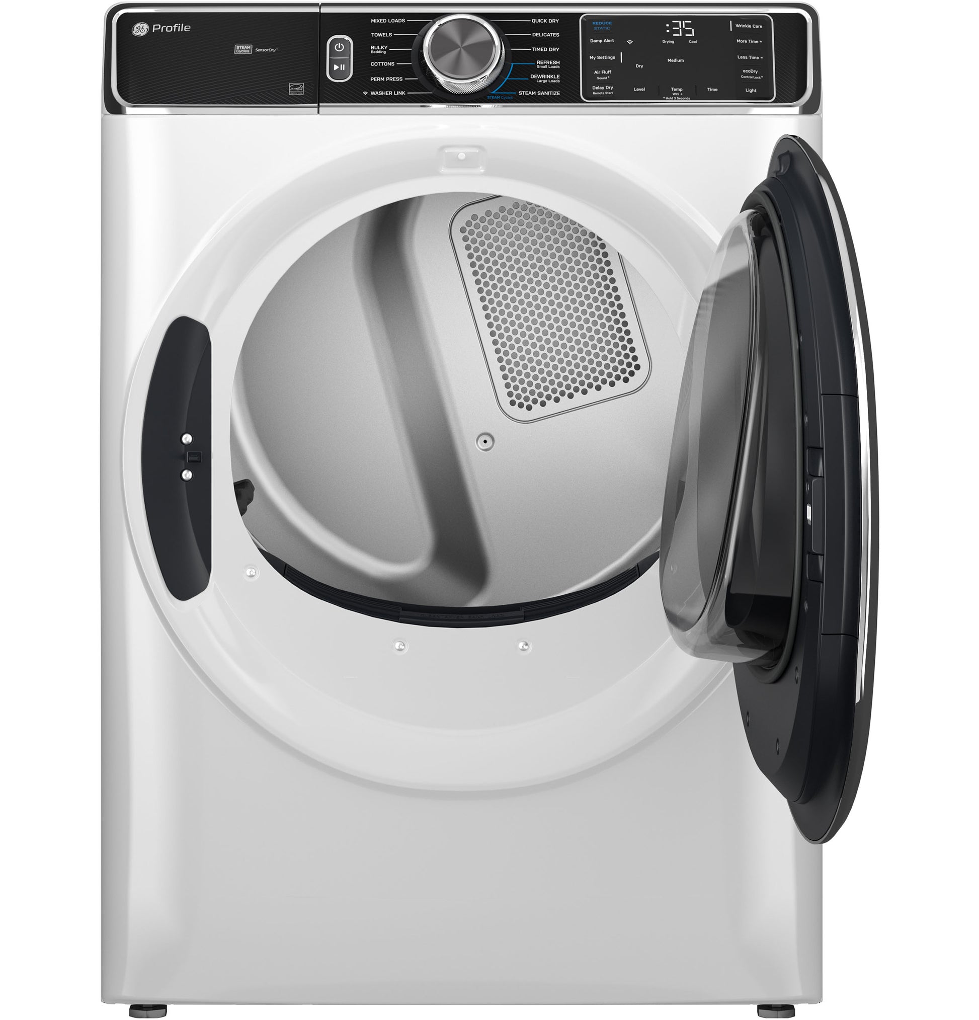 White smart front load electric dryer with open black door and digital control panel from Dryers and Appliances collections